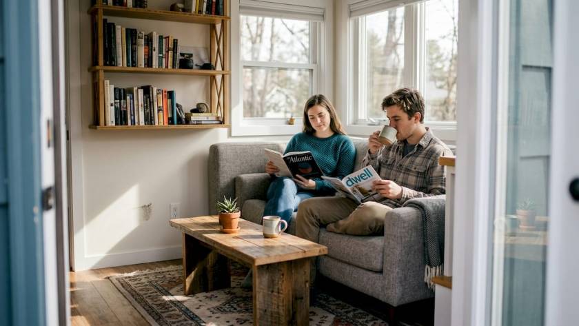 Eco-friendly tiny home living room with couple