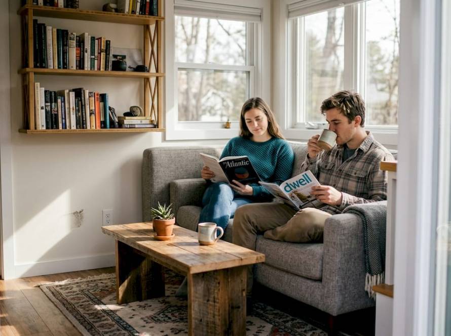 Eco-friendly tiny home living room with couple