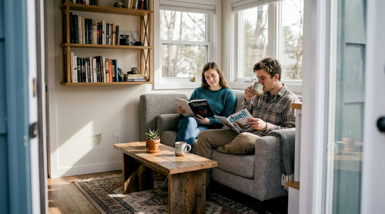 Eco-friendly tiny home living room with couple