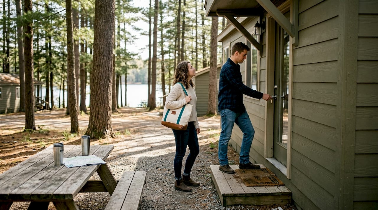 Couple outside park model home vacation rental