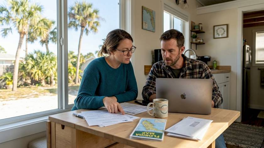 Couple reviewing tiny house financing paperwork