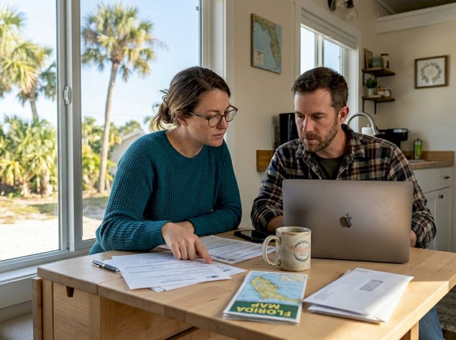 Couple reviewing tiny house financing paperwork