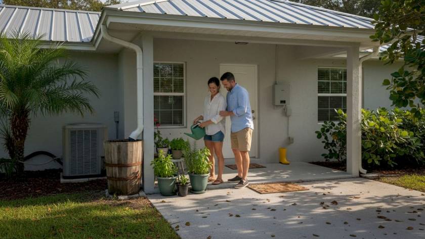 Couple tending garden at sustainable Florida home