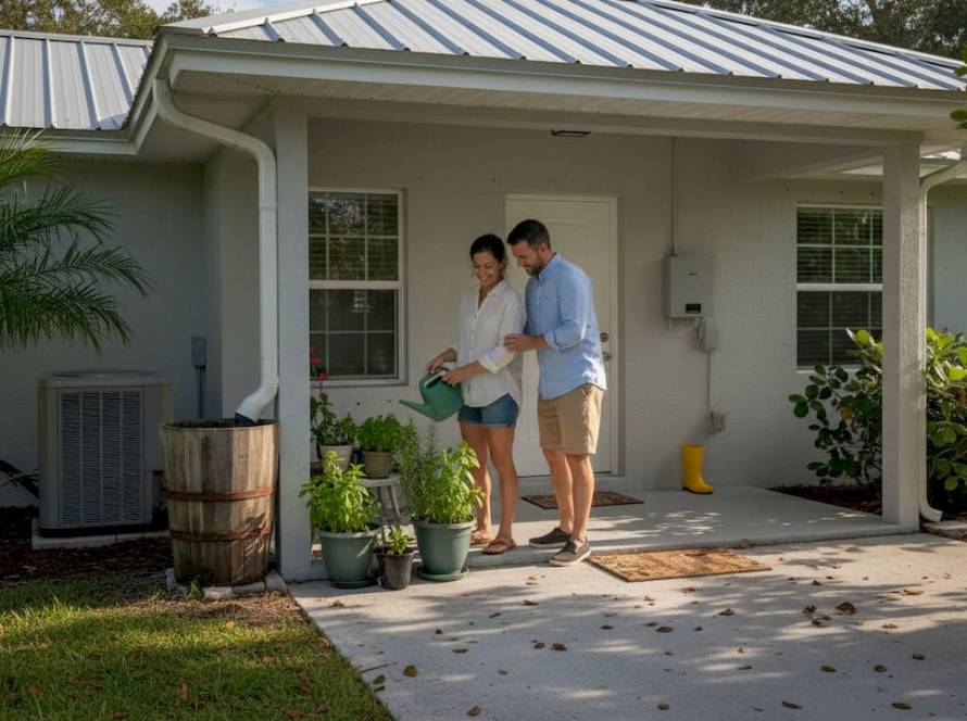 Couple tending garden at sustainable Florida home