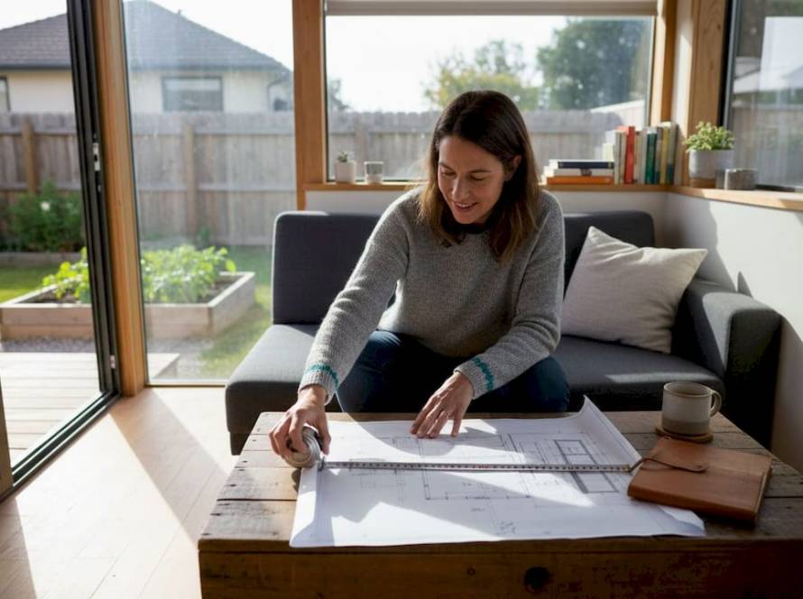 Woman reviews tiny home layout in living room