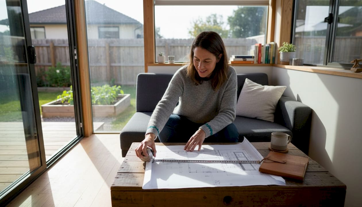 Woman reviews tiny home layout in living room