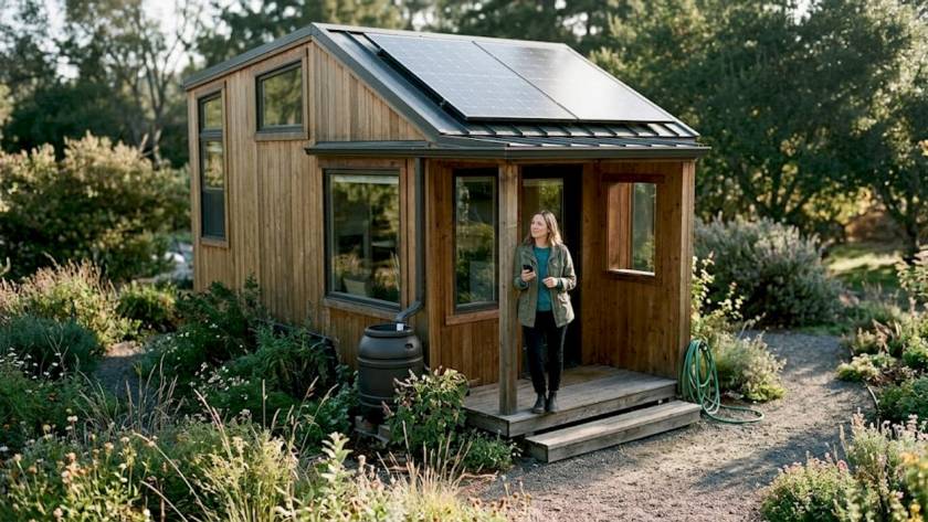 Homeowner checks solar panels on tiny house