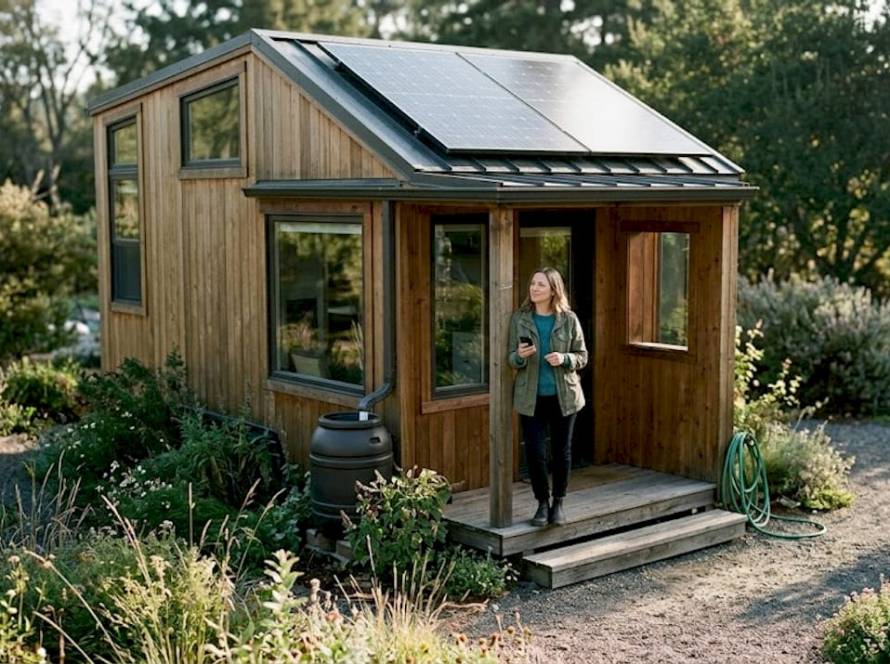 Homeowner checks solar panels on tiny house