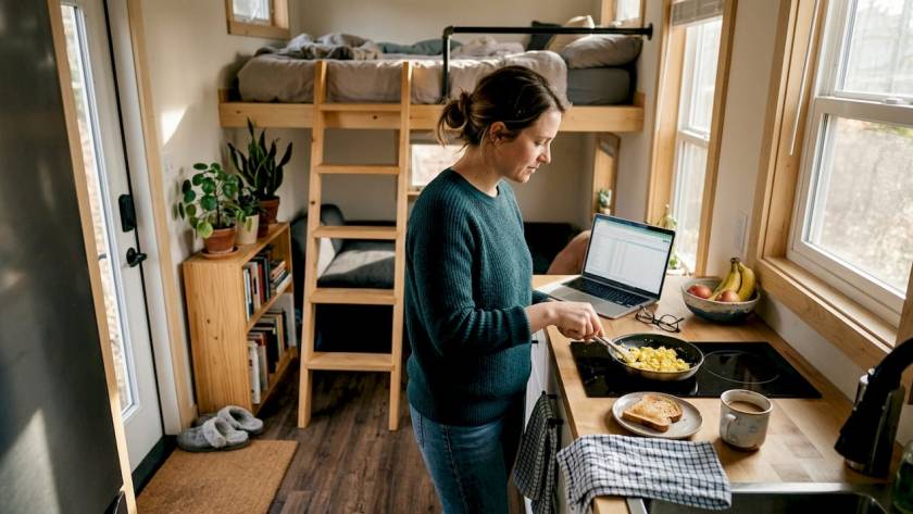Woman cooking in cozy tiny home kitchen