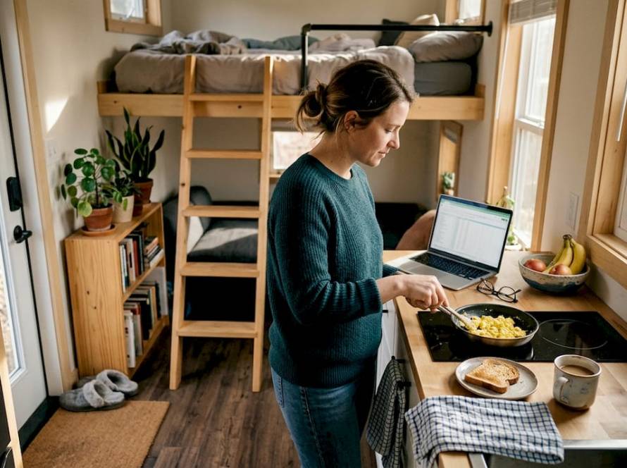 Woman cooking in cozy tiny home kitchen
