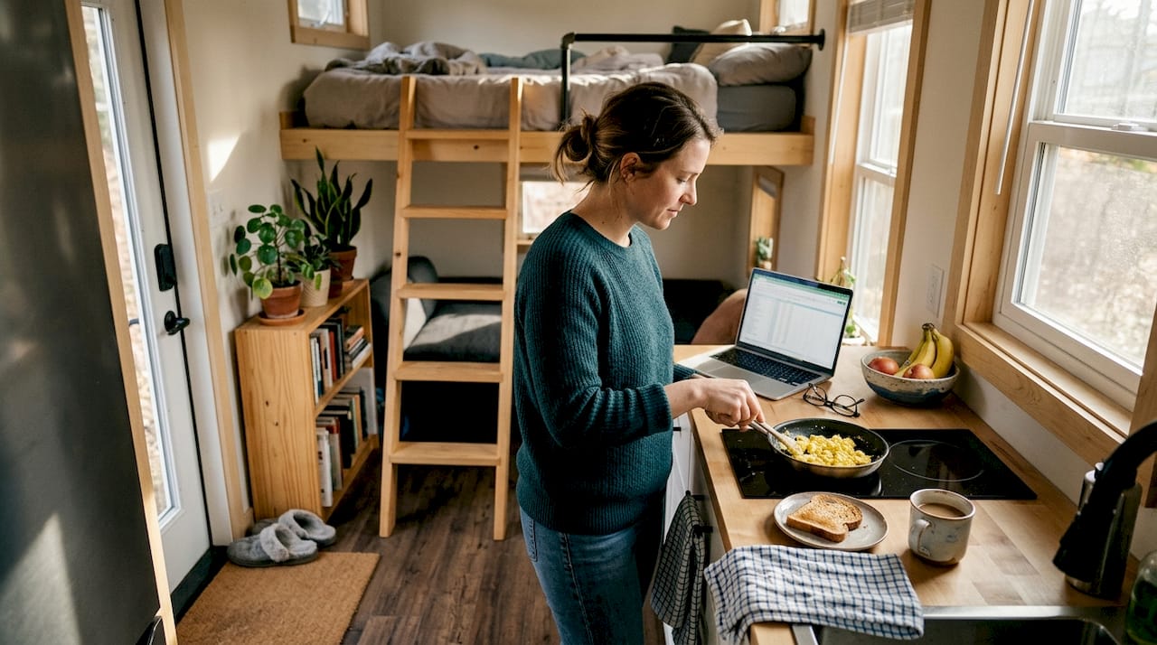 Woman cooking in cozy tiny home kitchen