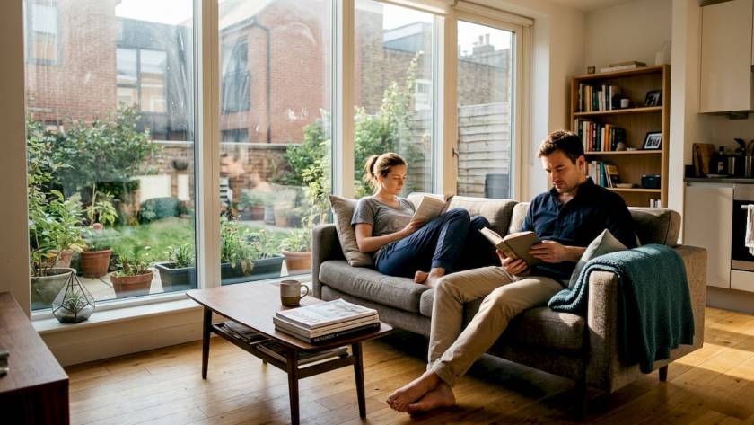 Couple reading in sustainable modern living room