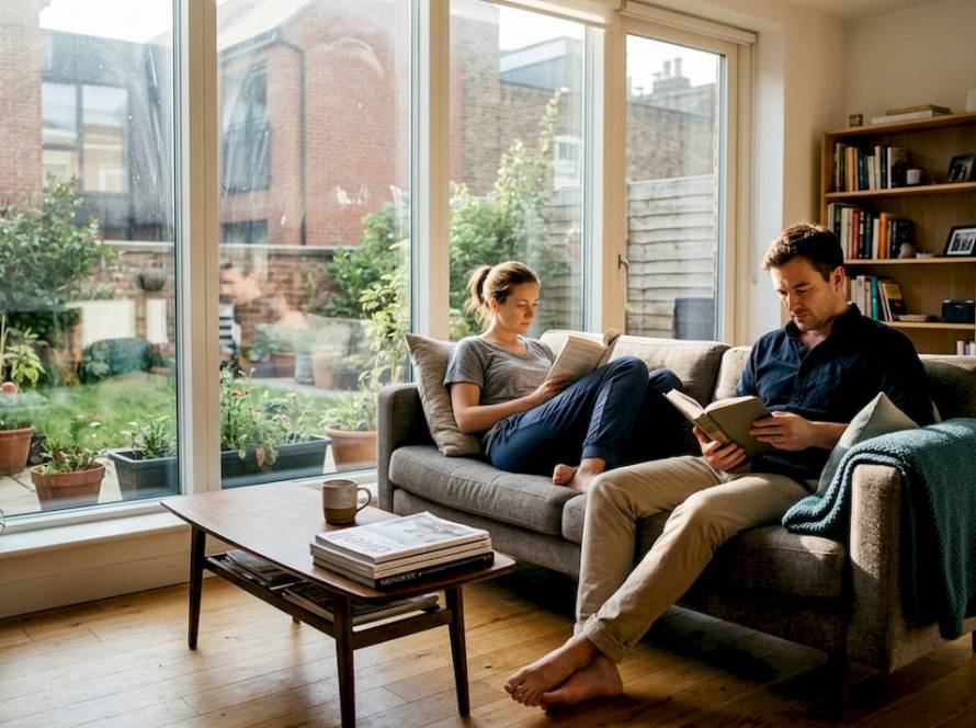 Couple reading in sustainable modern living room
