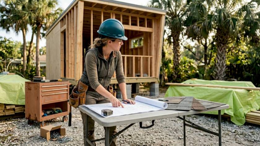 Contractor checking plans beside tiny home build
