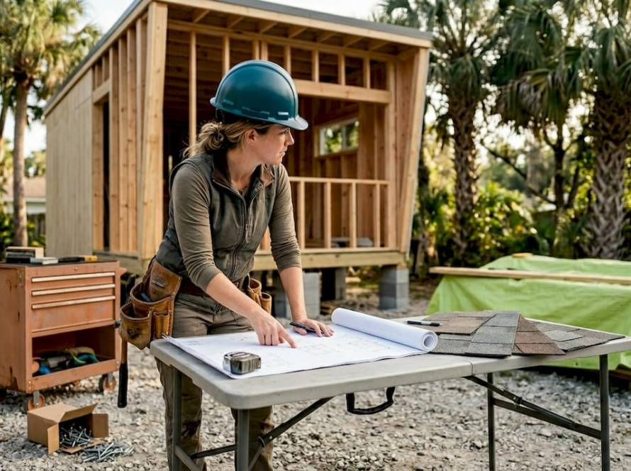 Contractor checking plans beside tiny home build