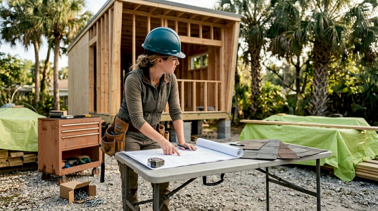 Contractor checking plans beside tiny home build