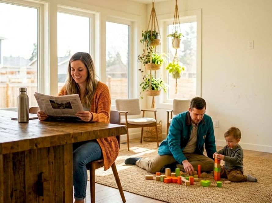 Family relaxing in sustainable home living room