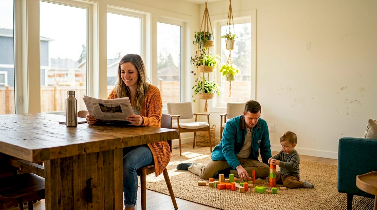 Family relaxing in sustainable home living room
