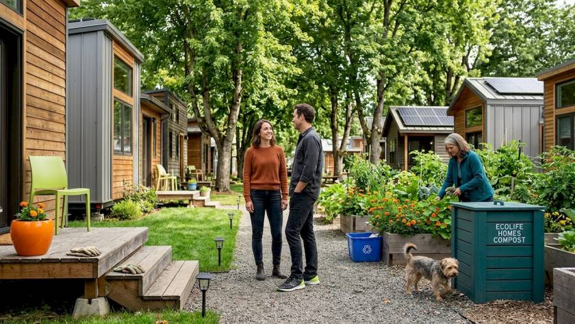 Neighbors talking in eco tiny home community garden