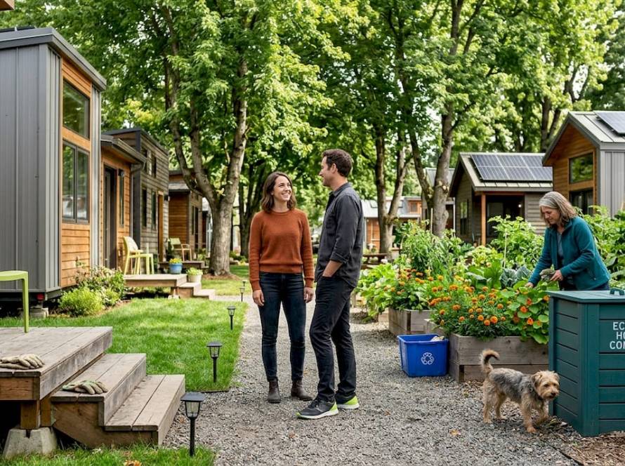 Neighbors talking in eco tiny home community garden