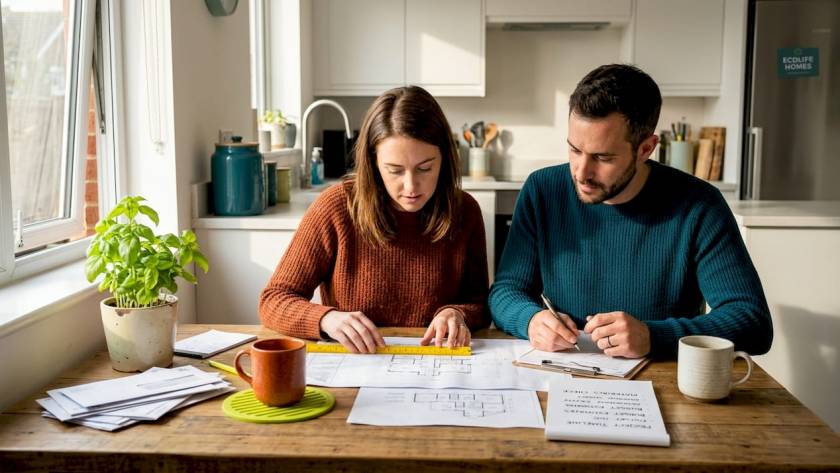Couple reviewing tiny home floor plans at kitchen table