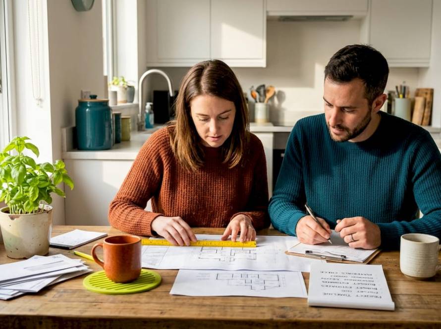 Couple reviewing tiny home floor plans at kitchen table