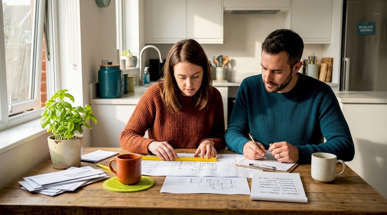 Couple reviewing tiny home floor plans at kitchen table