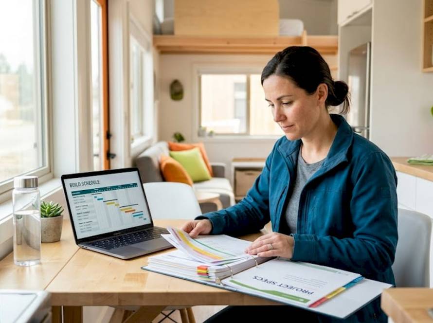 Woman reviewing invoices in modern tiny home