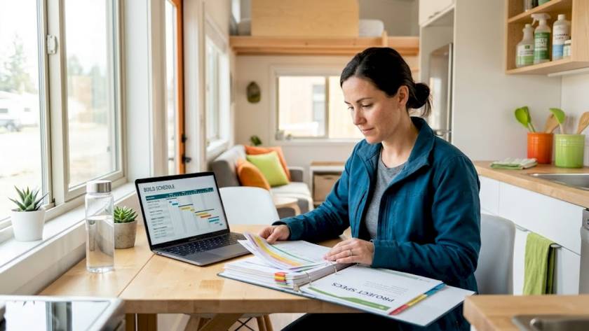 Woman reviewing invoices in modern tiny home
