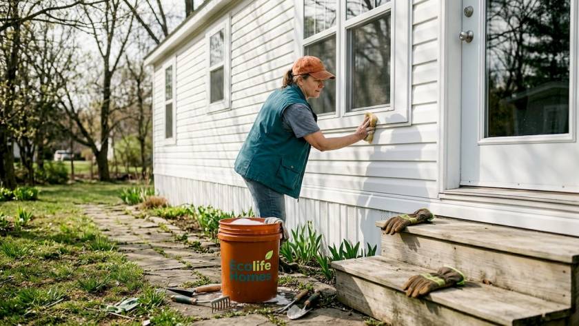 Cleaning park model home siding in bright yard