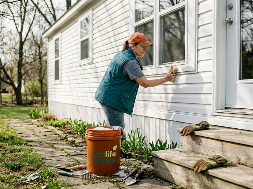 Cleaning park model home siding in bright yard