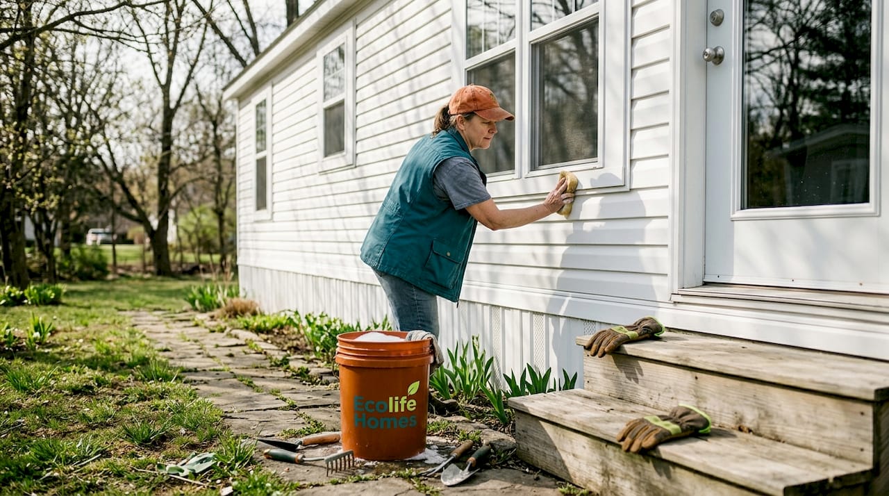 Cleaning park model home siding in bright yard