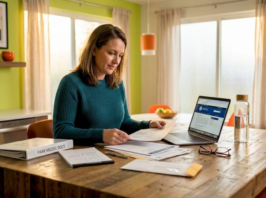 Woman reviewing park model compliance paperwork