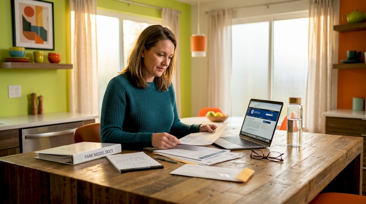 Woman reviewing park model compliance paperwork