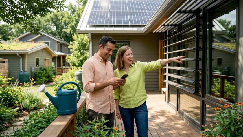 Exterior of climate responsive home, sunny morning
