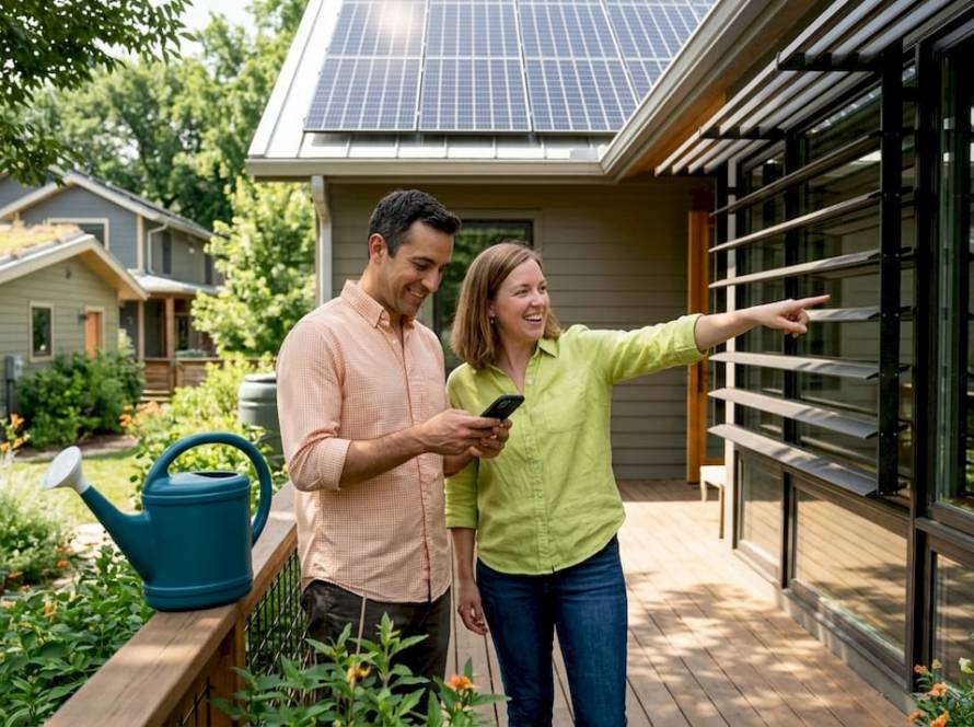 Exterior of climate responsive home, sunny morning