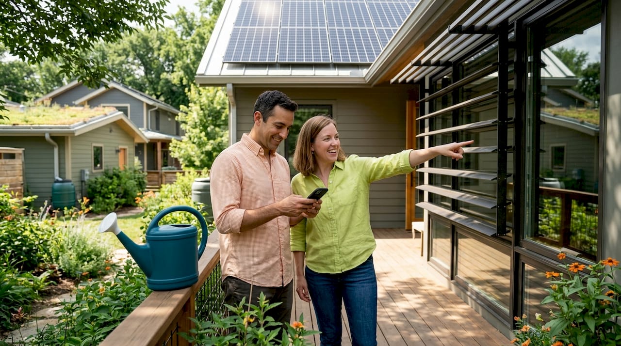 Exterior of climate responsive home, sunny morning