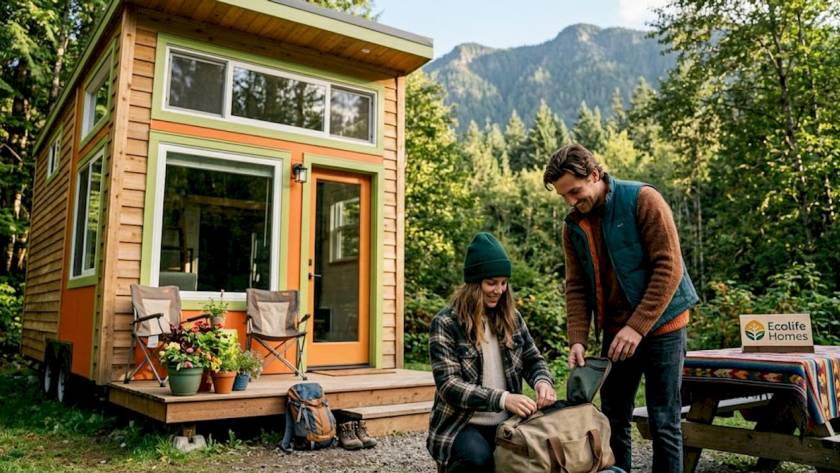 Young couple at mountain tiny house rental