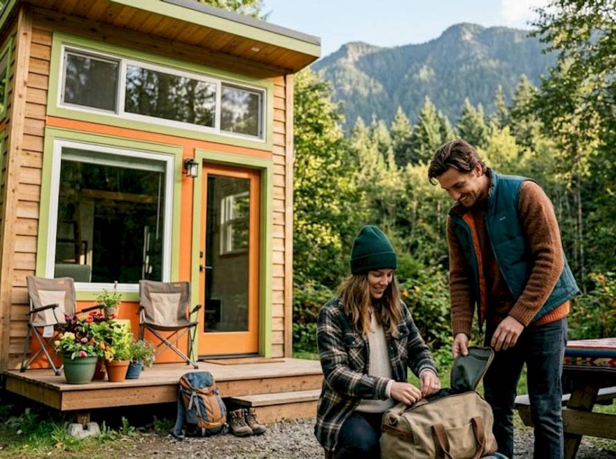 Young couple at mountain tiny house rental