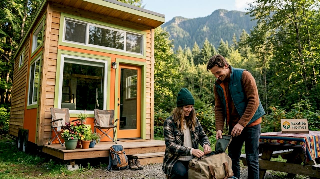 Young couple at mountain tiny house rental